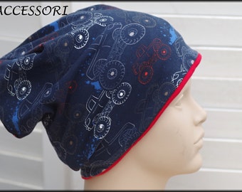 Children's Beanie Loop Cars Truck Dark Blue Red Cotton Baby Hat Warm Cuddly Fleece Winter Hat
