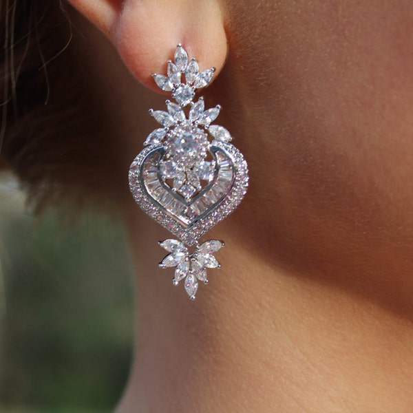 Statement Wedding Earrings - Cubic Zirconia Drop Earrings - Chandelier Wedding Earrings - Crystal Bridal Earrings - CZ Bridesmaid Jewelry