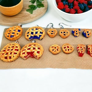 Mini,blueberry,cherry,pie,realistic,slice,clay,necklace,earrings,studs,dangle,ring,food,jewelry,set,silverplated,