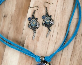 Steampunk,mágico,collar,turquesa,candado,llave,pendientes,