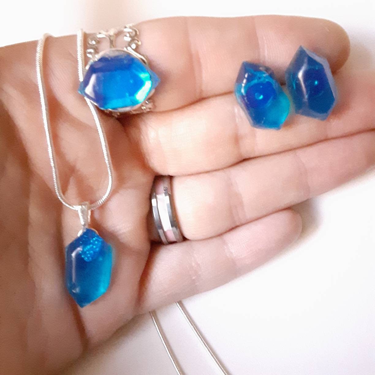 Rupee,resin,set,ring,made,to,order,necklace,earrings,blue