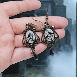 Mini,flying,bat,oval,trees,black,diamond,earrings,gothic,renaissance,dangle,jewelry,vampire,