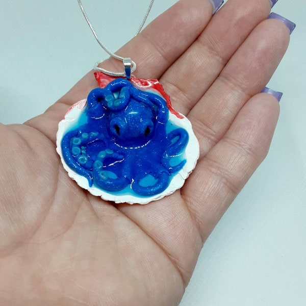 Midnight,blue,small,octopus,seashell,tentacle,set,necklace,earrings,silverplated,red,jewelry,clay,resin,beach,ocean,pirate,