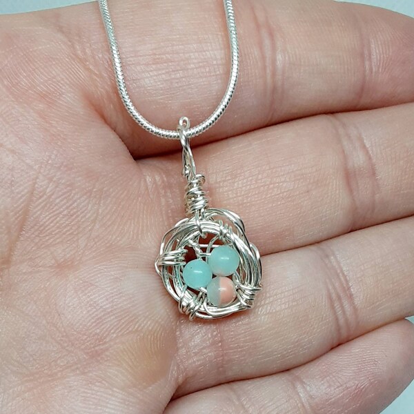 Mother's,bird,nest,wire,wrap,imprinted,jasper,silverplated,made,to,order,necklace,eggs,jewelry,gemstone,