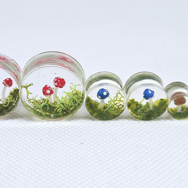 Mini,mushroom,red,moss,forest,gauged,earrings,blue,brown,plugs,jewelry,