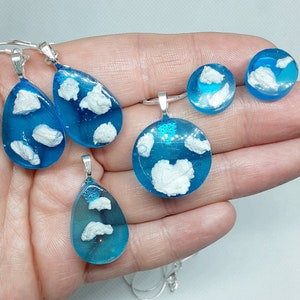 Mini,cloud,sky,blue,teardrop,circle,stud,dangle,earrings,necklace,jewelry,resin,silverplated,celestial,