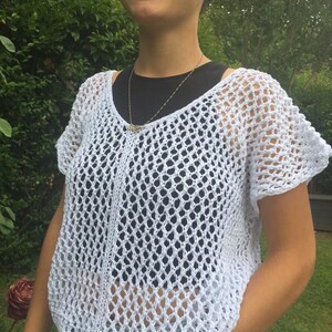 White hand knit mesh top, loose knit summer sweater, beach cover up, Egyptian cotton, fish net pullover, women