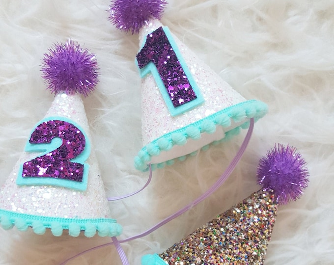 Mini Glittery Birthday Party Hat | Mermaid Birthday | Cake Smash | 1st Birthday | Baby Birthday | Mermaid Theme | Ready to Ship