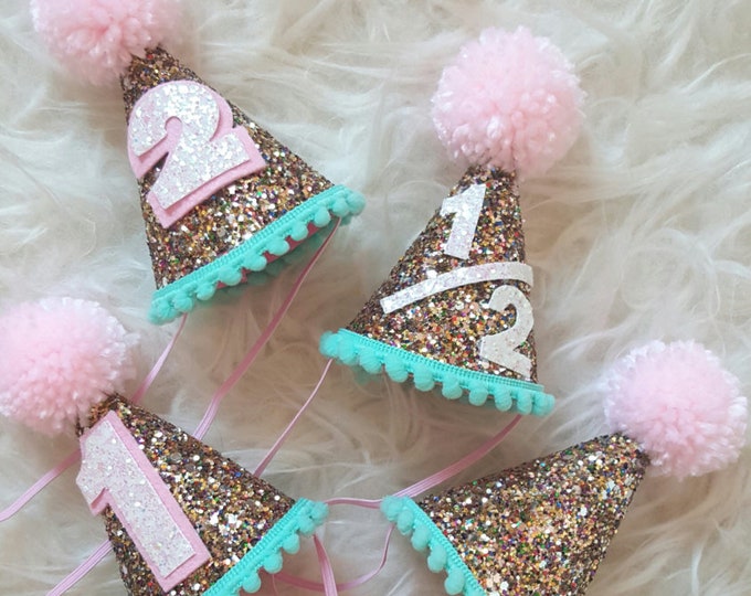 Mini Glittery Birthday Party Hat || Birthday, 2nd birthday || 1st birthday || Baby Birthday || Aqua and Pink ||  Party Hat || Ready to Ship