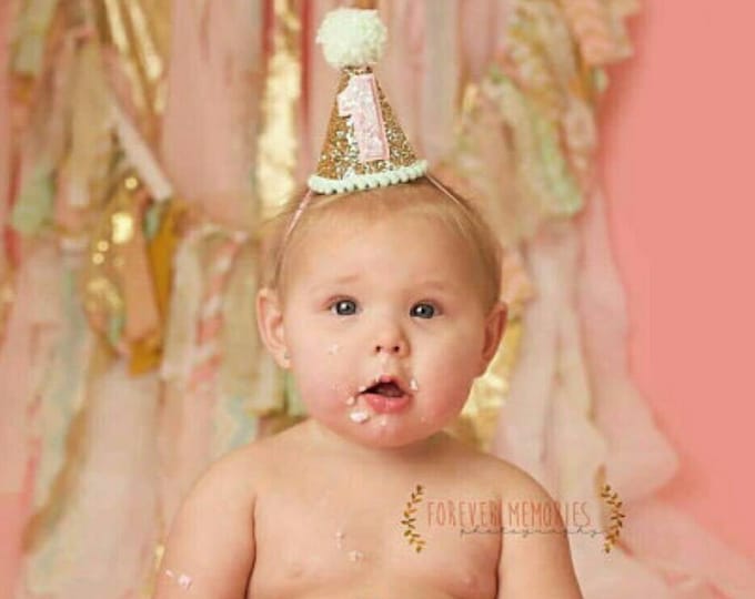 Party Hat Gold Pink and Mint |  First Birthday Glitter Party Hat | Cake Smash | Ready to Ship