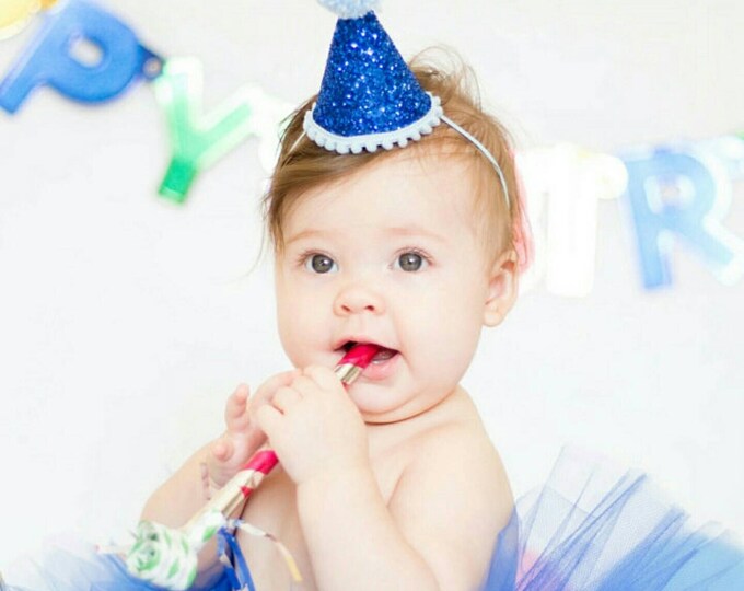 Mini Glittery Birthday Party Hat | Birthday | Cake Smash | Royal Blue Party Hat | 1st Birthday | Baby Birthday | Ready to Ship