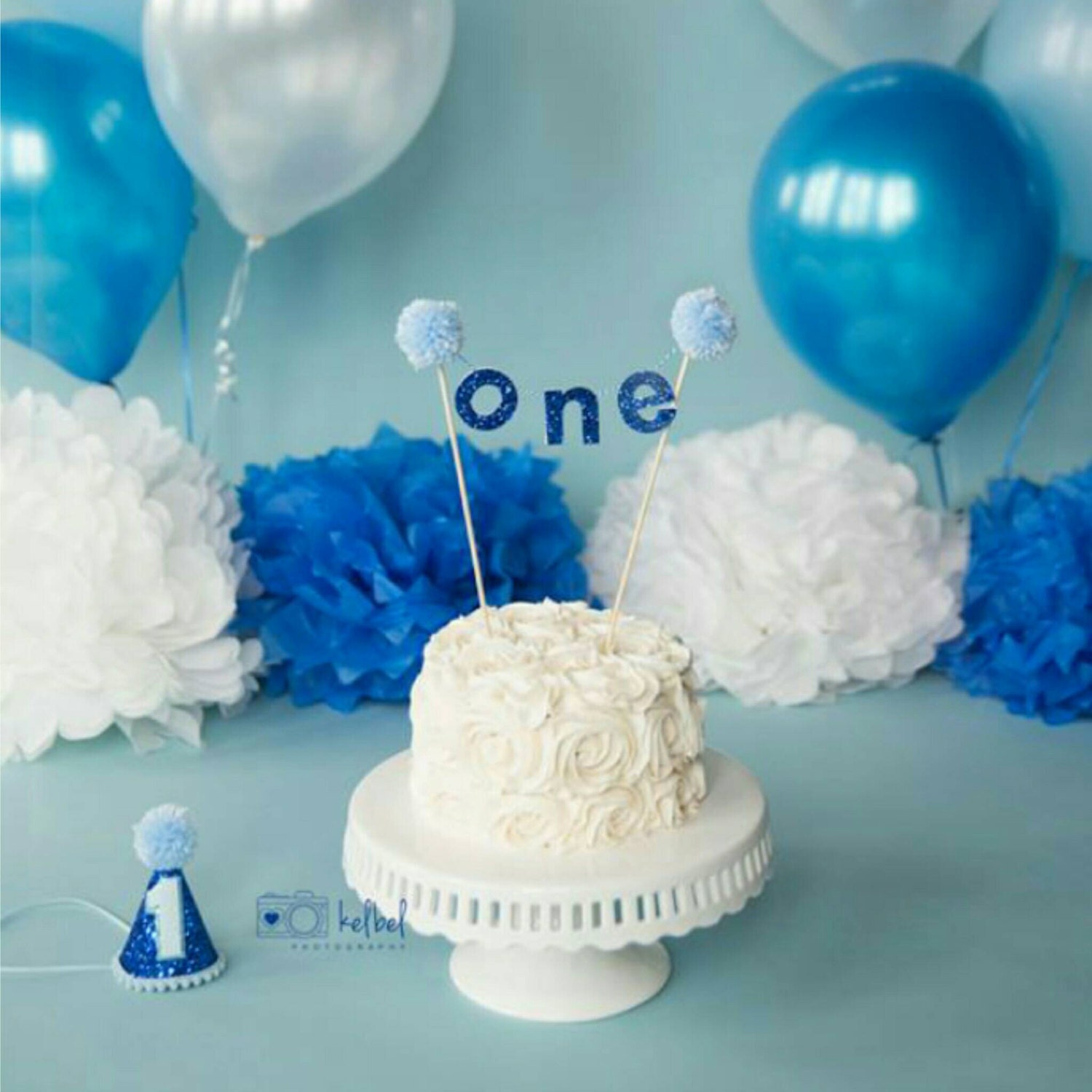  Boy First Birthday Decorations - One Cake Topper, Blue