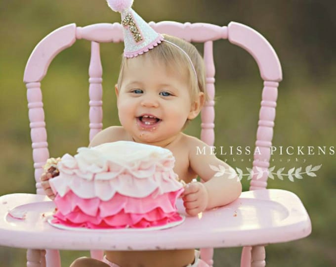 Mini Pink and White Glittery Party Hat | Mini Glittery Birthday Party Hat | Cake Smash | 1st Birthday | Baby Birthday  | Ready to Ship