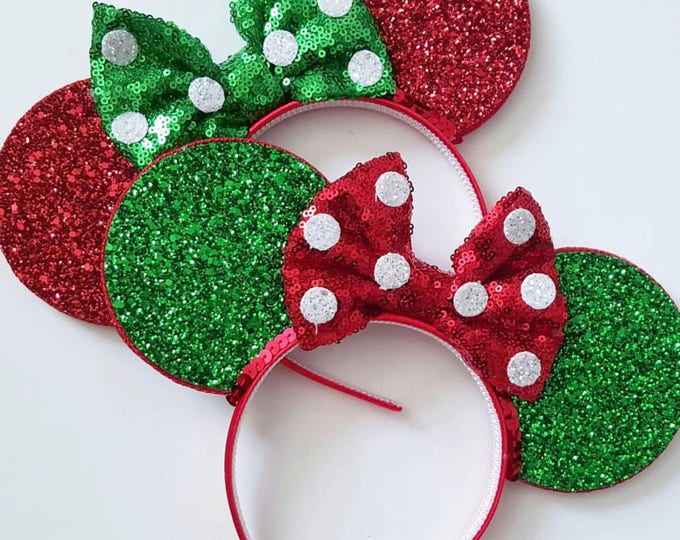 Christmas Minnie Mouse || Mouse Ears || Minnie Ears || Polka Dot Ears || Mouse Ears Headband || Minnie Mouse Ears || Sparkle Mouse Ears || R