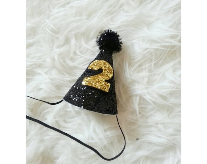 Mini Glittery Black and Gold Party Hat || 1st Birthday || Boy Birthday || Ready to Ship || Cake Smash