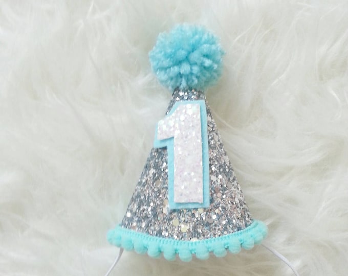 Glittery Mini Party Hat Headband | Party Hat | Birthday Hat | First Birthday | Glitter Party Hat | Aqua and Silver | Ready to Ship