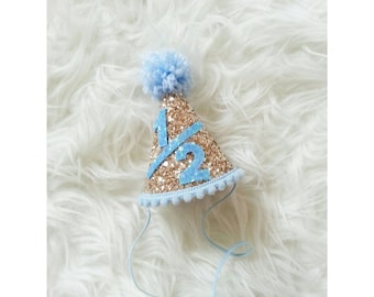 Mini sombrero de fiesta de medio cumpleaños / Sombrero de fiesta de medio cumpleaños azul y dorado con purpurina / Sombrero de cumpleaños para niño / Sombrero para aplastar pastel / Sombrero de cumpleaños