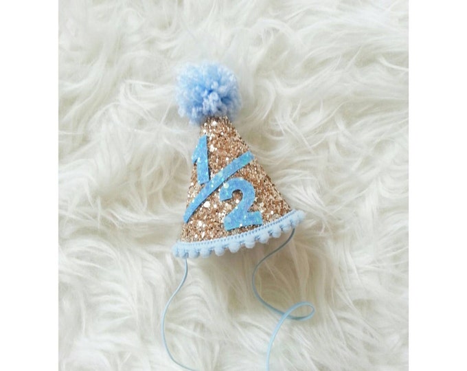 Half Birthday | Glitter Blue and Gold Mini Party Hat | Half Birthday Party Hat | Boy Birthday Hat | Cake Smash | Birthday Hat