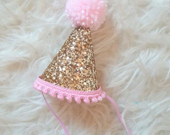 Glittery Mini Party Hat || Gold and Pink || Cake Smash Photo Prop || First Birthday