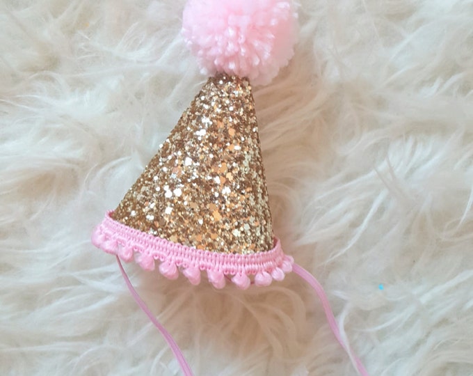 Glittery Mini Party Hat || Gold and Pink || Cake Smash Photo Prop || First Birthday