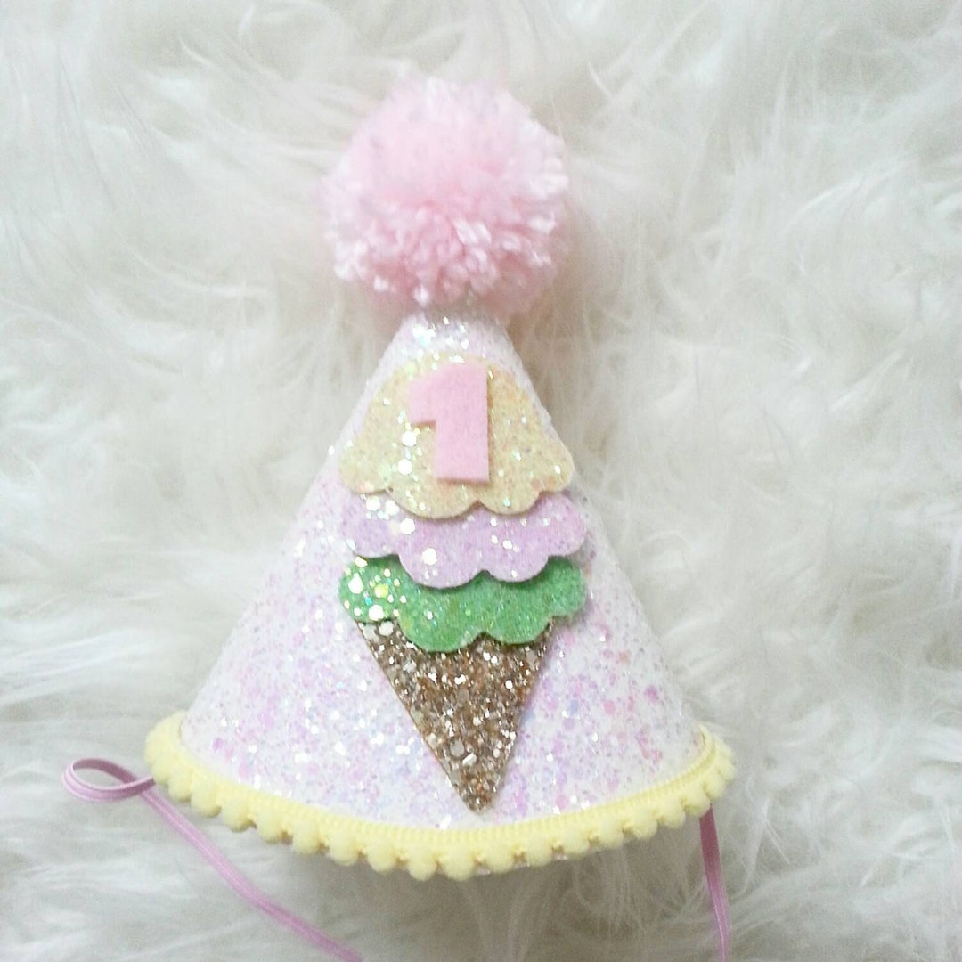 Glittery Ice Cream Theme Birthday Party Hat, 1 Birthday Ice Cream Party Hat, Ice Cream Birthday