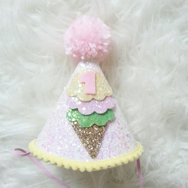 Glittery Ice Cream Theme Birthday Party Hat, 1 Birthday Ice Cream Party Hat, ice cream birthday, first birthday,baby birthday, birthday hat