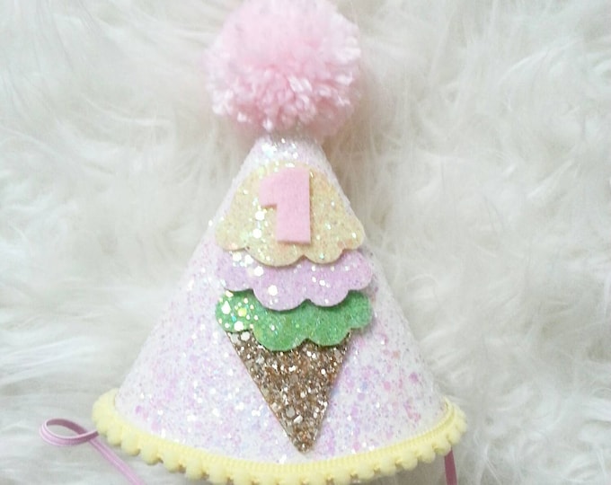 Glittery Ice Cream Theme Birthday Party Hat, 1 Birthday Ice Cream Party Hat, ice cream birthday, first birthday,baby birthday, birthday hat