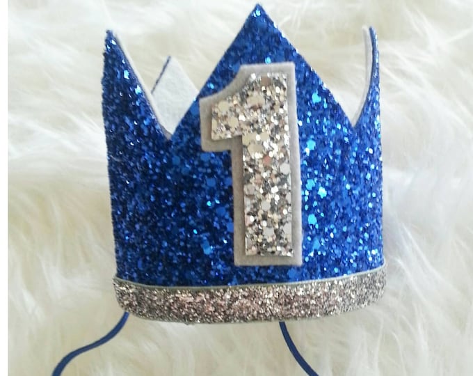 Glittery Birthday Crown | First Birthday Crown | Blue and Silver Birthday Crown | Boy Birthday Crown | Ready to Ship