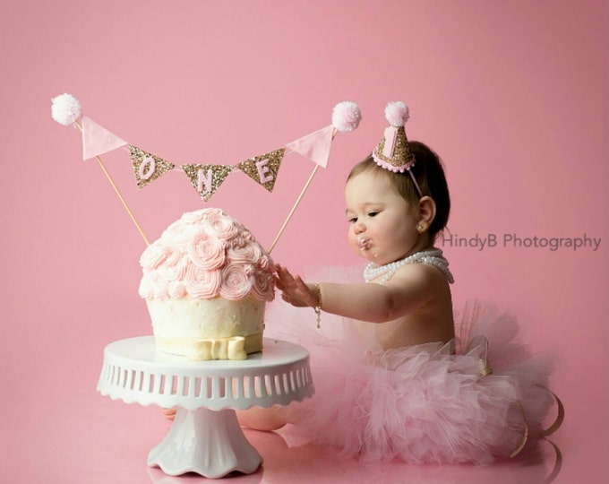 CAKE Bunting Flag Banner and Mini Party Hat Set for Cake Smash | Birthday Hat | Baby Hat | First Birthday Hat | Pink and Gold Birthday