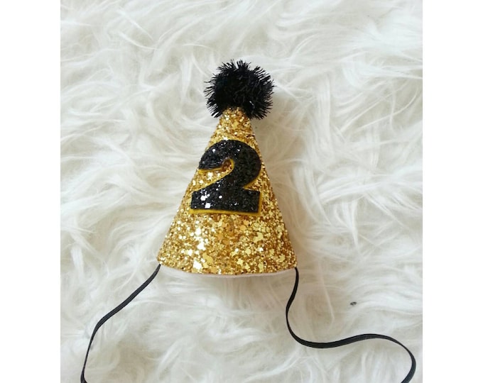 Ready To Ship Mini Glittery Birthday Party Hat First Birthday || Birthday || Cake Smash || 2nd Birthday || Baby Birthday || Black and Gold