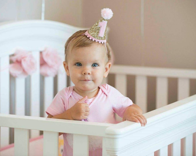 Mini Glittery First Birthday  Party Hat | Gold and Pink | Cake Smash | 1st Birthday | Baby | Ready to Ship