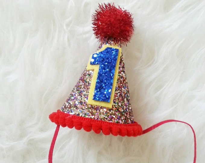 Circus Theme Party Hat || Mini Glittery Birthday Party Hat || Birthday || Cake Smash || 1st Birthday || Baby Birthday || Ready to Ship,