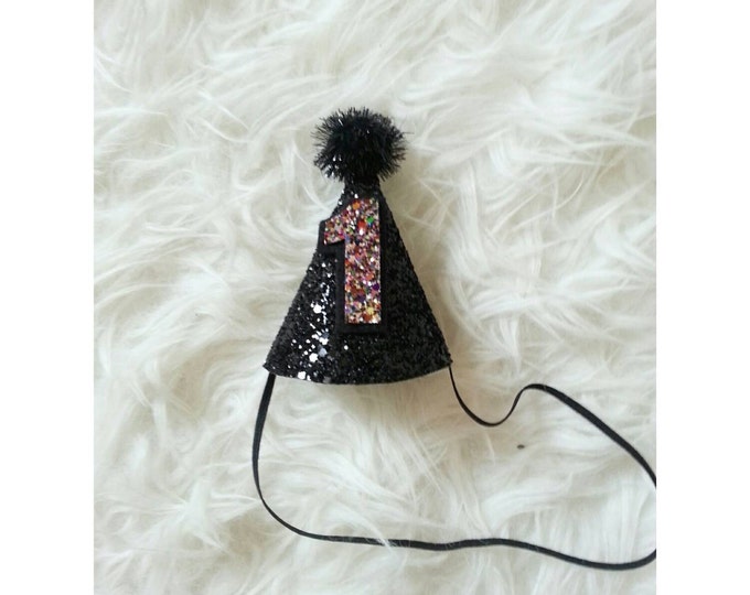 Mini Glittery Black and Gold First Birthday Party Hat |  1st Birthday | Boy Birthday Hat | Ready to Ship