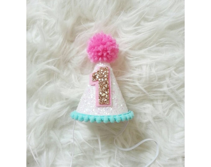 Baby Girl Mini Glittery Birthday Party Hat | Cake Smash | Baby 1st Birthday |  Mini Party Hat | First Birthday | Birthday | Ready to Ship