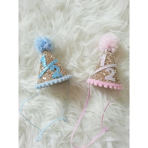Glittery 1/2 birthday Mini Party Hats | Twin Birthday | Pink or Blue |  Party Hat | Cakesmash | Boy/Girl Twins | Pink and Gold | Baby Blue