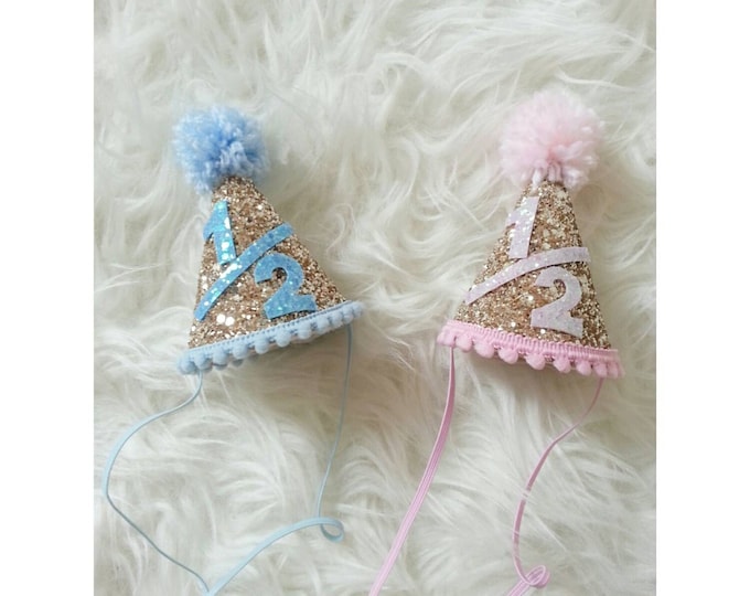 Glittery 1/2 birthday Mini Party Hats | Twin Birthday | Pink or Blue |  Party Hat | Cakesmash | Boy/Girl Twins | Pink and Gold | Baby Blue