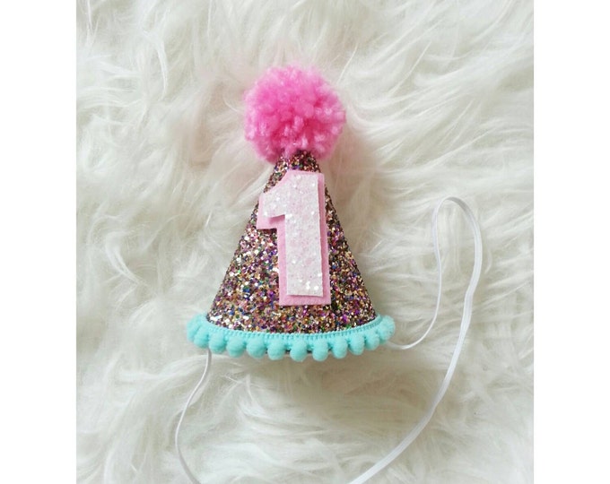 Mini Glittery Birthday Party Hat | Birthday |Cake Smash | 1st Birthday | baby birthday, aqua and Pink, Ready to Ship