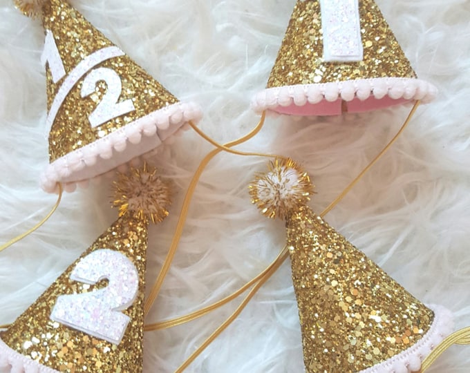 Mini Glittery Birthday Party Hat | Birthday | Cake Smash | 1st Birthday | Baby Birthday | Gold and Blush | Ready to Ship