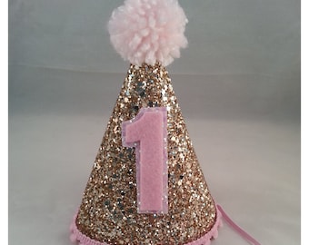 Glitzernder Partyhut für Mädchen | Geburtstagstorte Smash | 1. Geburtstag | Baby Geburtstag | Rosa und Gold Geburtstag Hut | Versandfertig