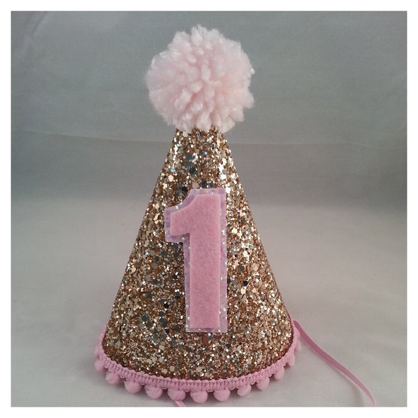 Glittery Birthday Girl Party Hat | Birthday Cake Smash | 1st Birthday | Baby Birthday | Pink and Gold Birthday Hat | Ready to Ship