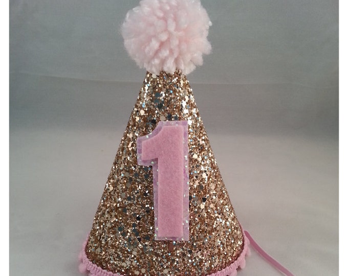 Glittery Birthday Girl Party Hat | Birthday Cake Smash | 1st Birthday | Baby Birthday | Pink and Gold Birthday Hat | Ready to Ship