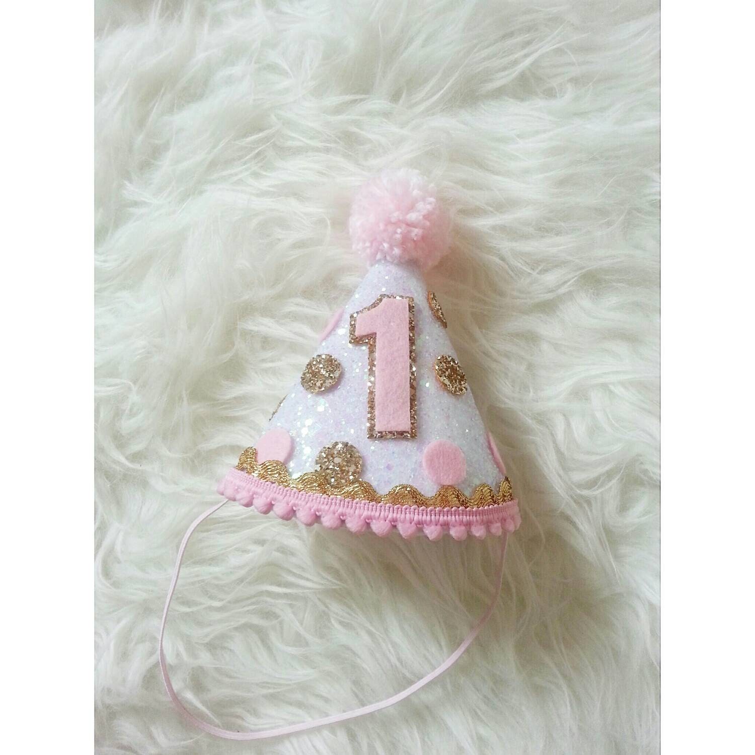 Pink And Gold Polka Dot Party Hat Glitter Party Hat Birthday Girl Party Birthday First Birthday Pink And Gold Theme Party