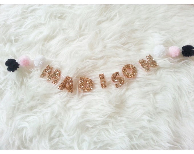 Customizable Glittery Name Banner | Mini Name Banner | Room Decor | Nursery Decor | Pink and Gold, Name Banner | Glitter Sign