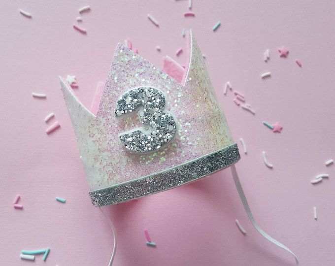 Glittery Birthday Crown | Birthday Crown | 3rd Birthday Crown | Girl Birthday Crown | Baby Birthday | Pink and Silver | Ready to Ship