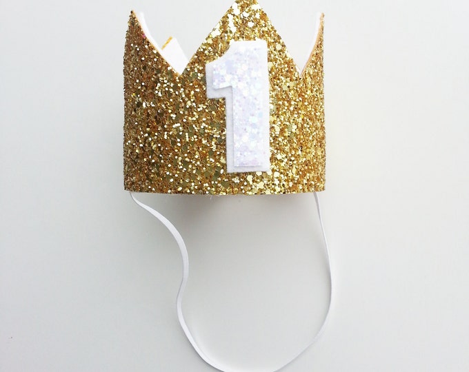 Glittery Gold and White First Birthday Crown || Birthday Crown || Gold Glitter Birthday Crown || Cake Smash