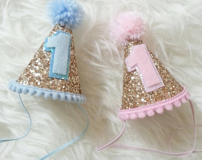 Birthday Pink and Blue Glittery Mini Party Hats || Twin Birthday Party || Twin 1st Birthday || Ready to Ship