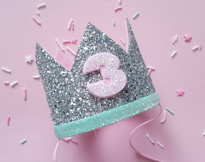 Birthday Crown || Pink and Mint Birthday || Silver  Crown || Birthday Girl || 3rd Birthday || 3 Crown || Birthday Girl || third