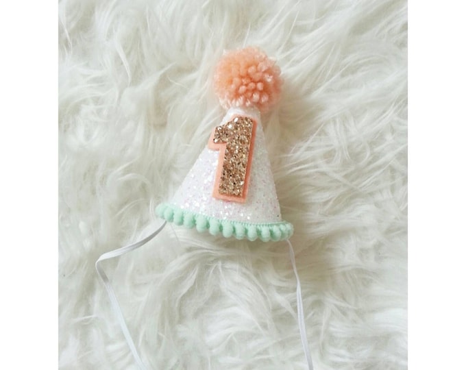 Mini Glittery Birthday Party Hat, | Birthday | Cake Smash | 1st Birthday | Baby Birthday | White and Mint