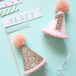 Mini Party Hat | Party Hat | Birthday Hat | First Birthday Hat | 2nd Birthday Hat | Peach and Gold Birthday Hat | Gold Birthday Hat