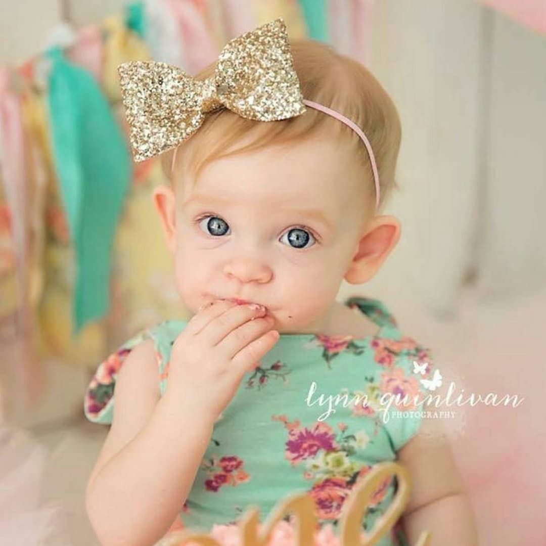 Glittery Gold Bow Headband Gold Glitter Bow Cake Smash Bow Baby Bow Sparkle Bow Etsy